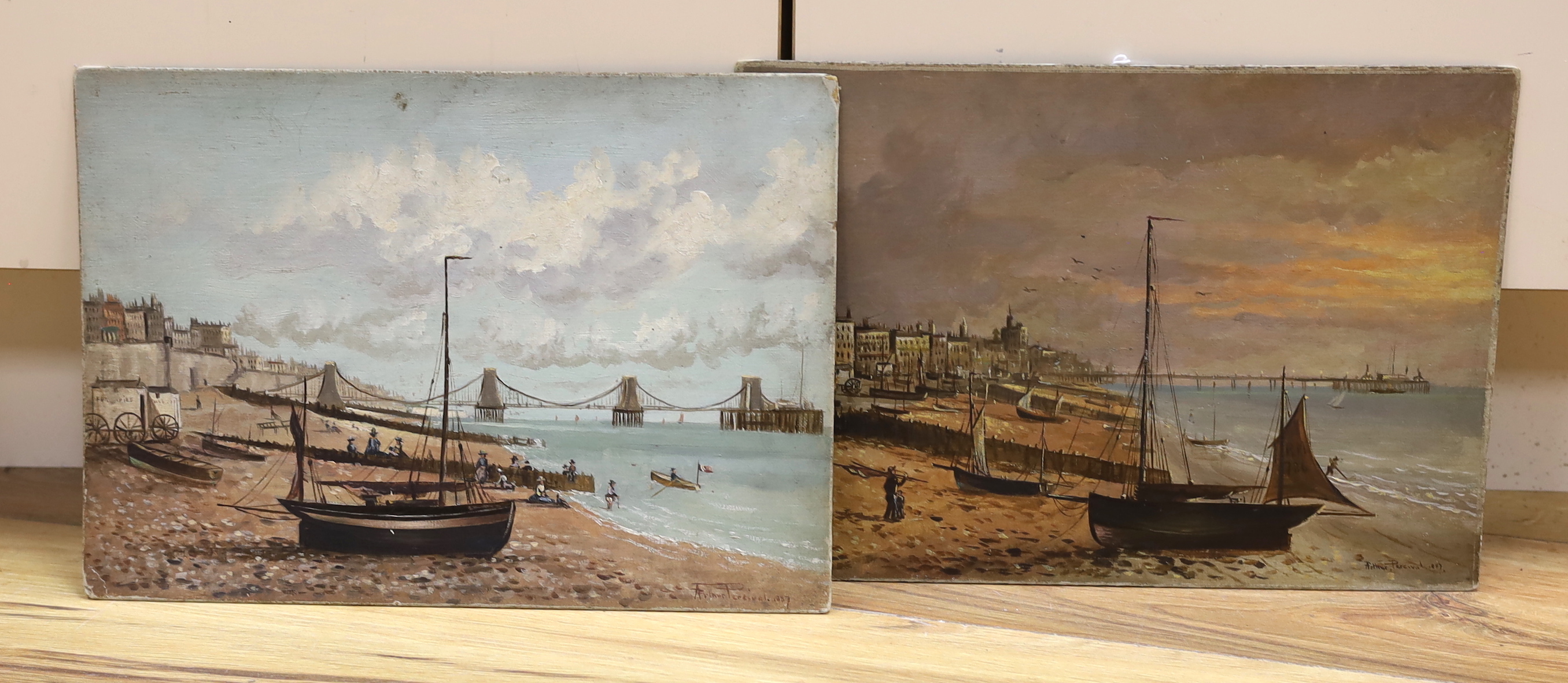 Arthur Percival (19th. C), pair of oils on canvas board, ‘Brighton showing the West Pier, sunset’ and ‘Brighton showing Kemp Town, The Old Chain Pier’, each signed and dated 1887, inscribed verso, unframed, 25 35cm